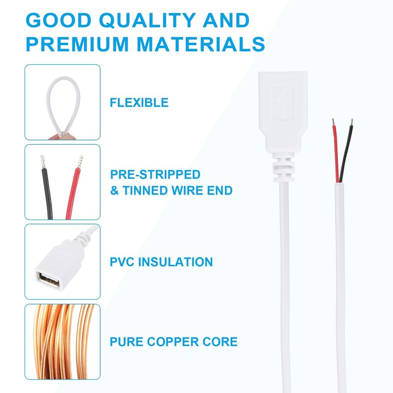 6.56Ft USB 2.0 Female to 2 Pin Bare Wire Pigtail Cable, 3pcs 22AWG Power Cord... gallery