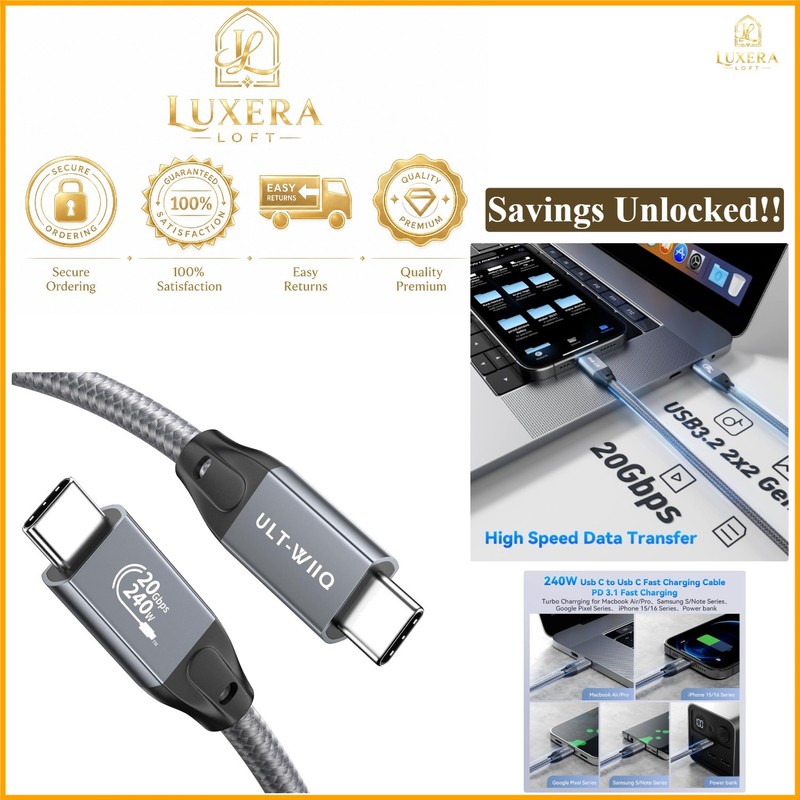 3.3FT USB C to USB C Cable 20Gbps 8K@30Hz 4K@144Hz Fast Charging 240W