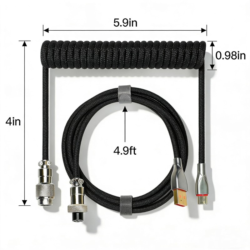 1.5M Coiled USB C To USB A Mechanical Keyboard Cable Metal Aviator Black gallery
