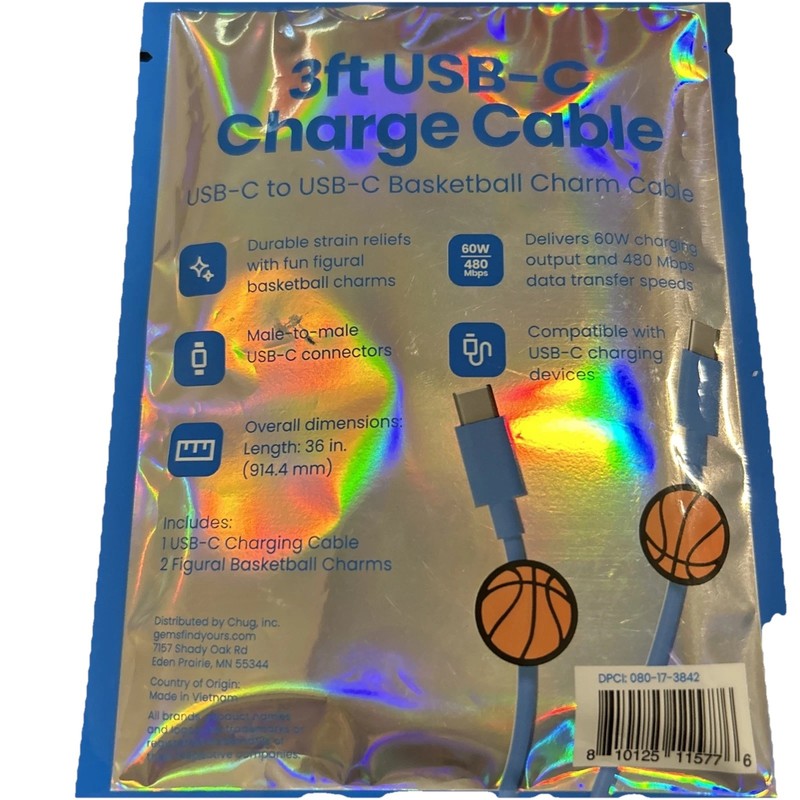 USB C to USB-C 3 ft Charging Cable, Blue, basketball charms (Male 2 Male) gallery