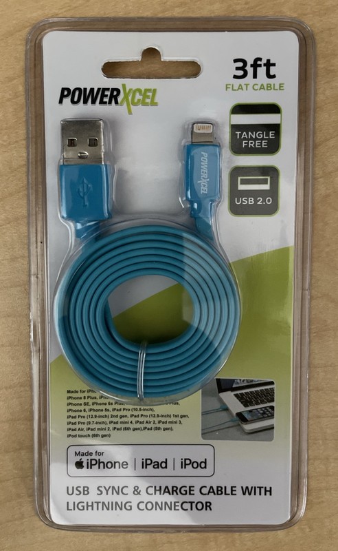 PowerXcel 3ft Flat Cable USB Blue Charger For iPad iPhone iPod New In Box