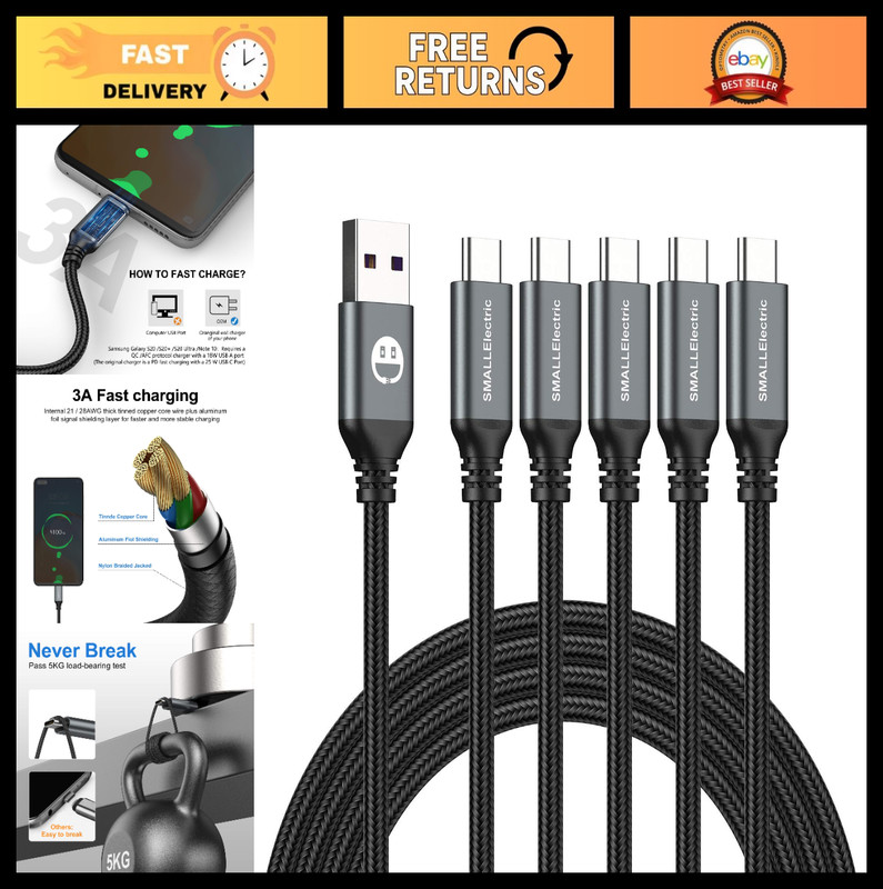 10ft USB C Cable 5-Pack, Extra Long Type C Fast Charging Cord for Samsung Galaxy