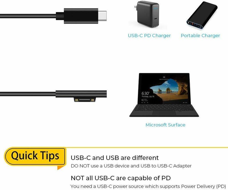 2 PACK Surface Pro 4 5 6 Book Laptop 5' Charging Cable USB-C PD 45W 15V 3A USB C gallery
