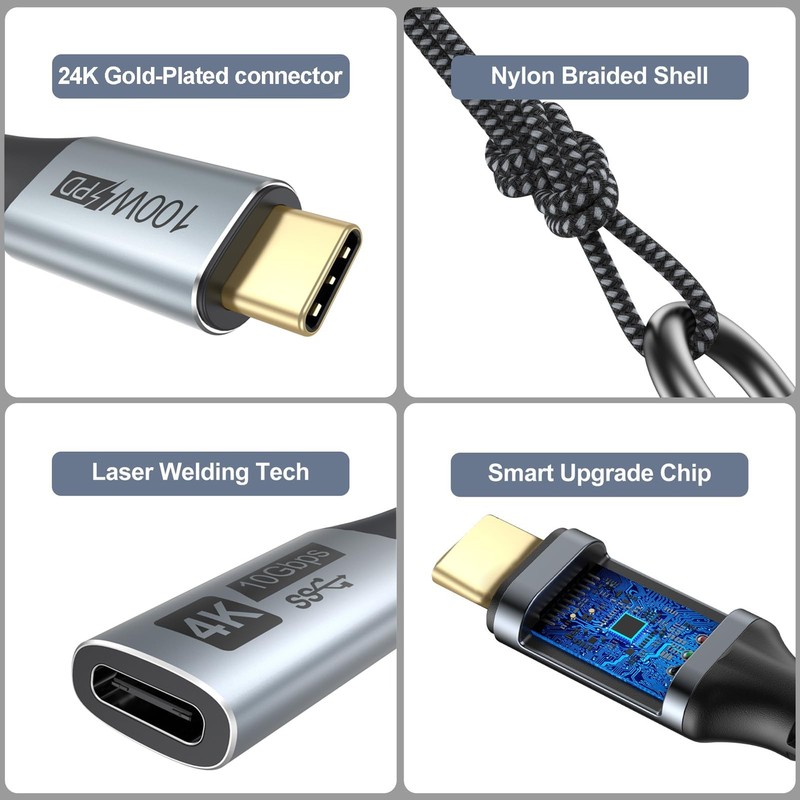 Grey 5 PCS 6FT USB C 3.2 Extender Male To Female Cable 10Gbps 4K@60Hz 100W gallery