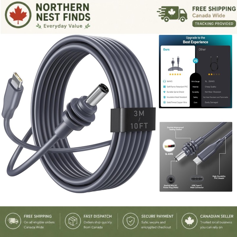 Starlink Mini USB-C to DC Power Cable – Reliable 3M Length, Waterproof Design