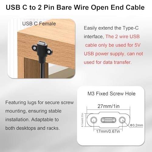 USB C Female 2 Pin Bare Wire Power Cable 5V/3A DIY Charger Extension 25CM gallery