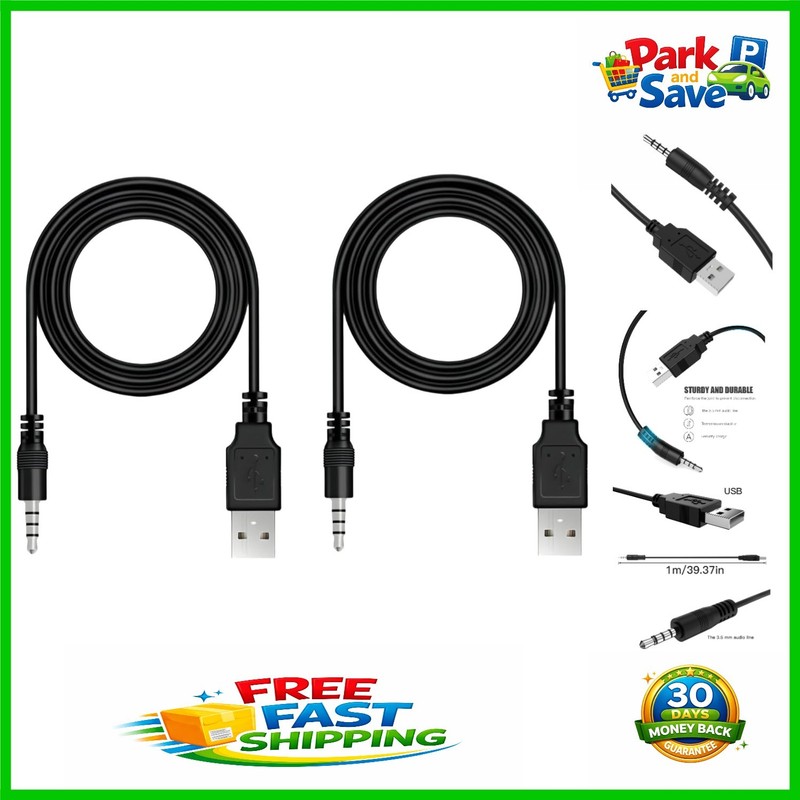 2-Pack 3.3ft 3.5mm Male AUX to USB 2.0 Cable for Music Players & Speakers