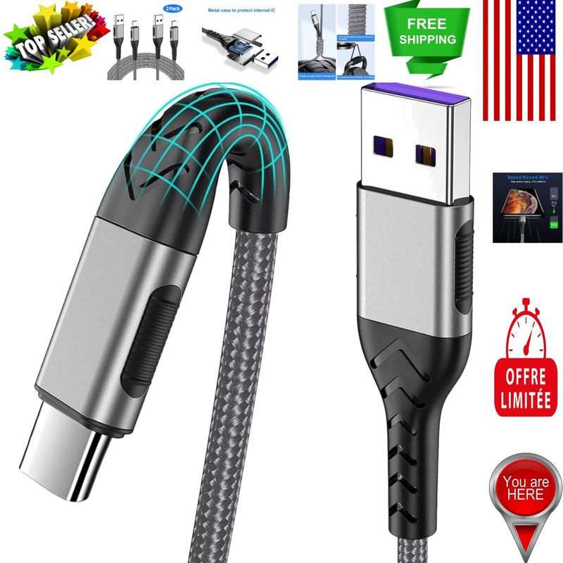 10ft Braided USB C Cable – Fast Charging & Compatible with All Devices (2Pack)