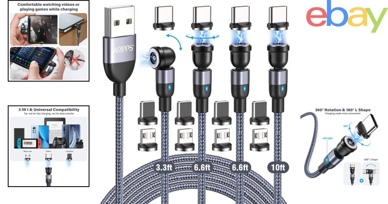4 Pack Magnetic Charging Cable with 540 Degree Rotating Heads and LED Light gallery