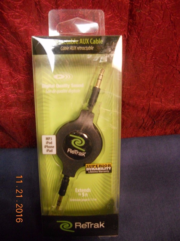 ReTrak Retractable AUX 3.5mm Audio Cable Black