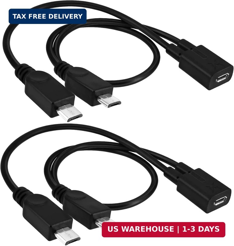 Micro USB 1 to 2 Splitter Cord, 2 Pack 0.3m/12inch Micro USB Female to Dual Micr