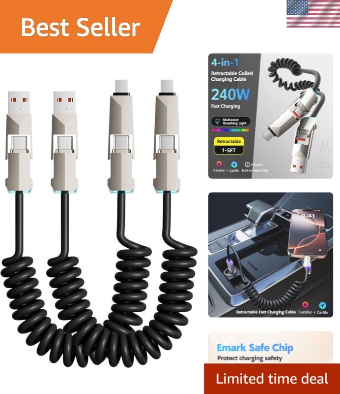 Multi-Device 4-in-1 Fast Charging Cable – 240W Data Transfer, Coiled & Durable