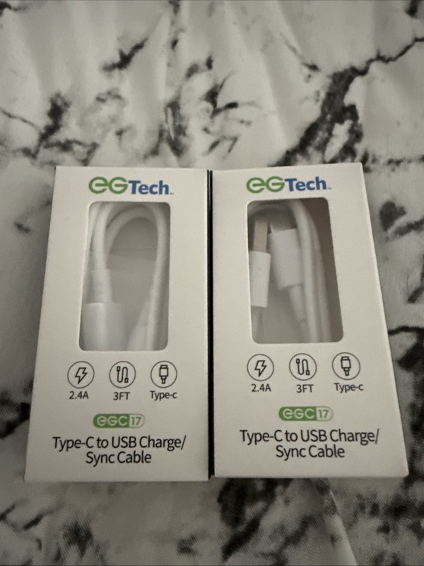 Lot of 2 EG Tech EGC17 White Type C to USB Charger Sync 3 Feet Cable