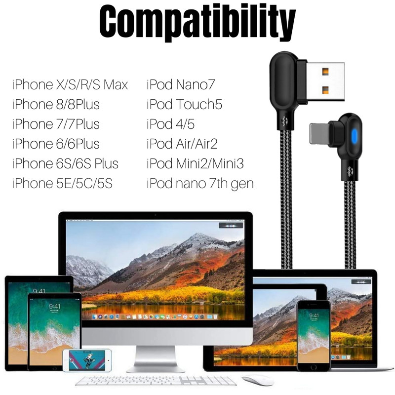 90 Degree Angle Fast Charging Cord USB Charger Cable For iPhone 14 13 12 11 XR 8 gallery