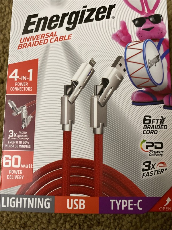 Energizer Universal 6ft Braided Cable 4-in-1 Power Connector 60 Watt PD FreeShip gallery