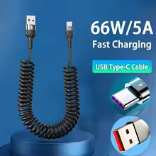 Coiled USB Type C to Type C Cable 66W 5A Fast Charging Spring Retractable Cord