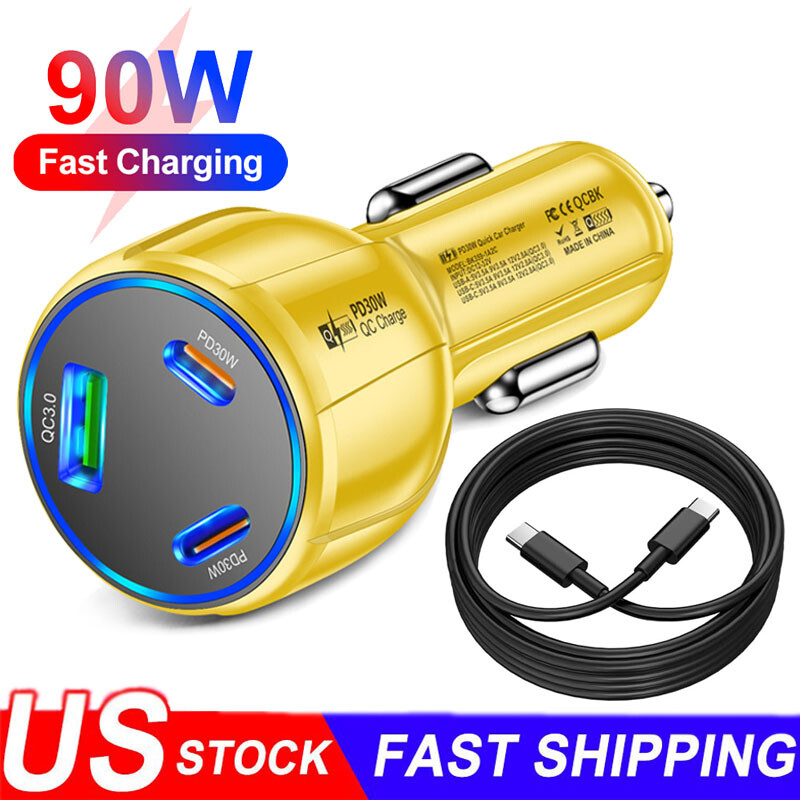90W Fast Charge USB PD Type-C Car Charger Adapter For iPhone 15 14 13 12 Pro Max