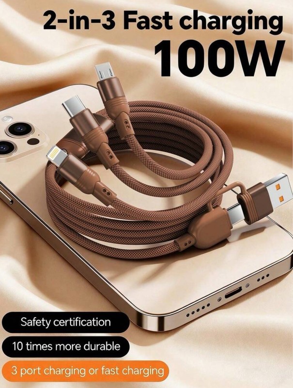 #1PLUG 100W Fast Charge 3-in-1 Braided Nylon USB-A Cable Brown 3.3ft