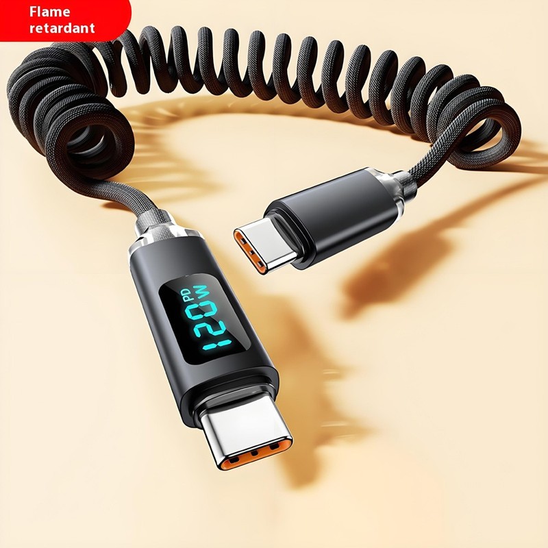 PD 120W 2.0 USB Male to Type-C Spring Coiled Data Charging Cable Digital Display gallery