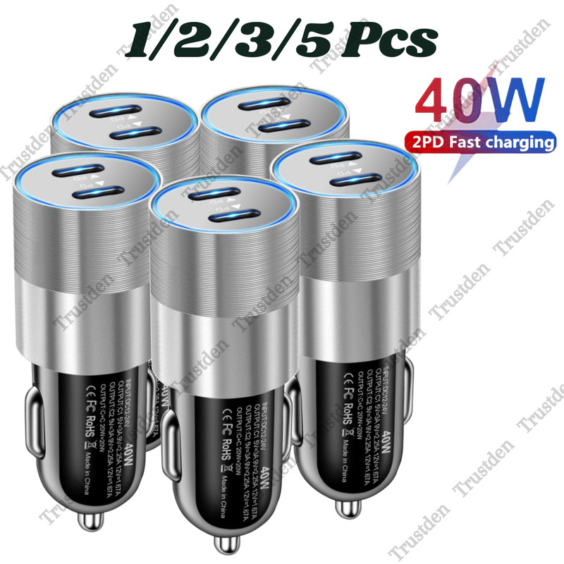 40W Car Charger For iPhone Samsung Type C Android Fast Charger Dual PD Adapter