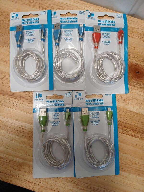 Micro USB Cable Glow In the Dark Color Changing Set Of 5 Red Blue Green