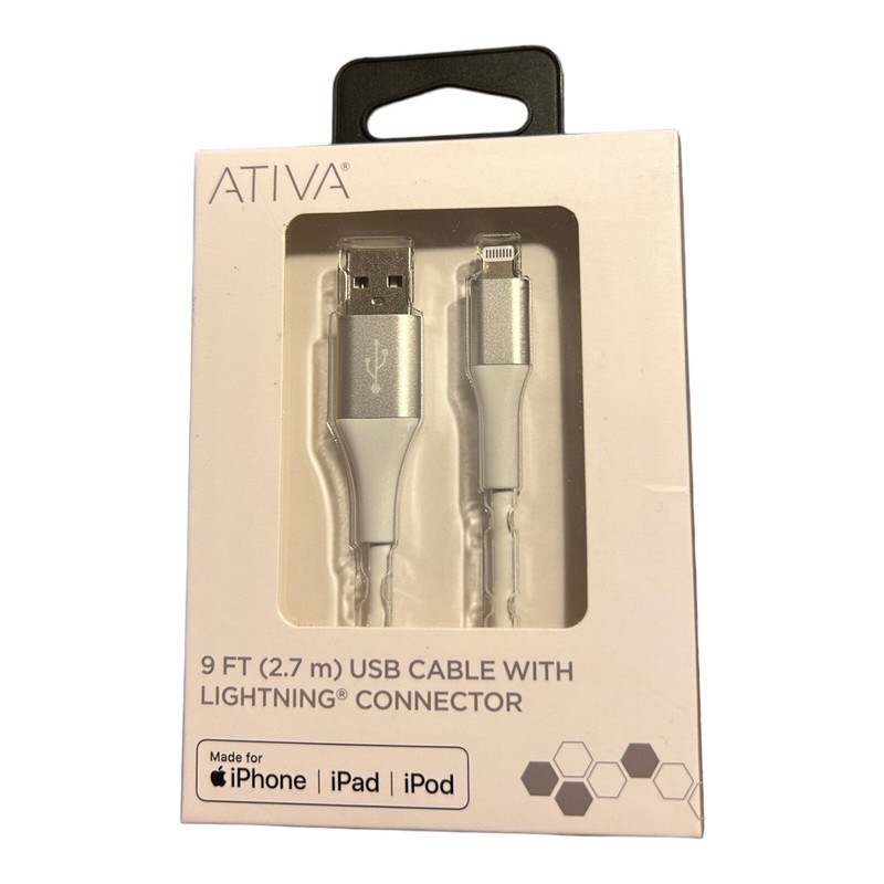Ativa 9 FT USB Cable With Connector White New