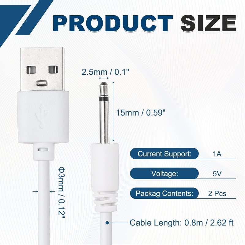 2Pcs 2.6FT DC Charging Cable, USB to DC Power Cable 2.5mm l 15mm, White gallery
