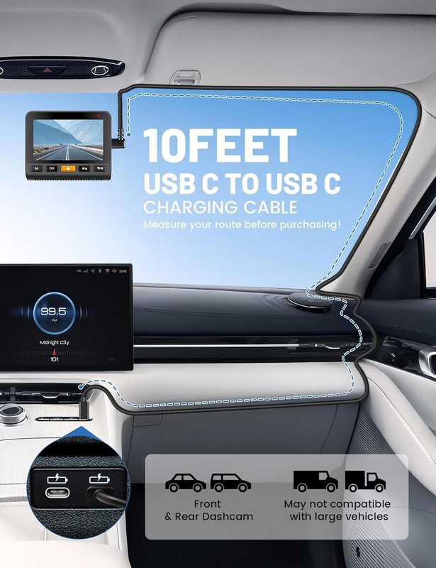 USB C to 90 Degree USB C Dash Cam Power Cord 10FT, Replacement Type C Dashcam Po gallery