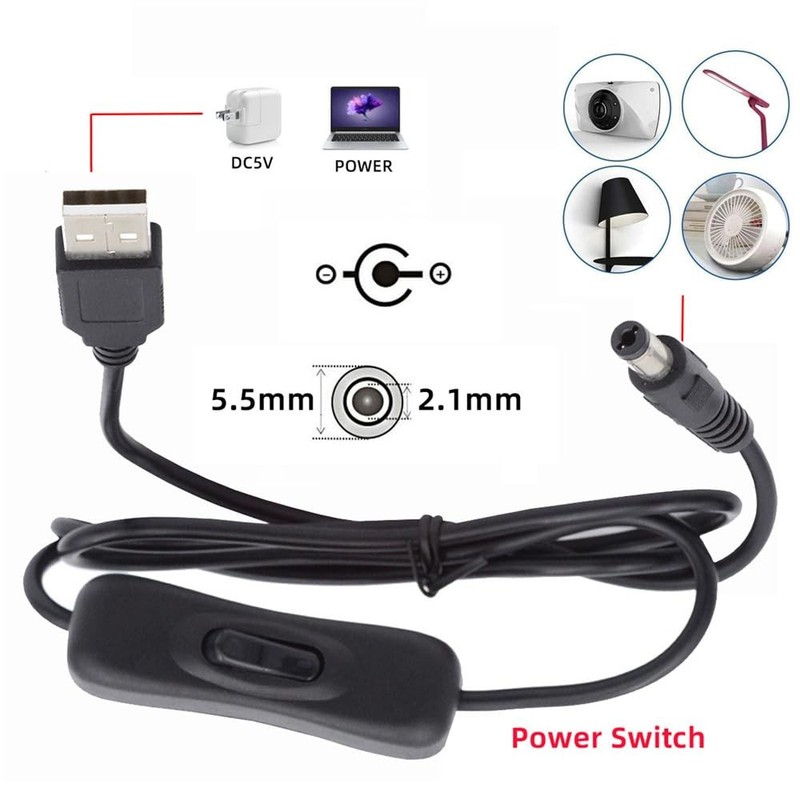 Cable DC 5.5x2.1mm Plug to USB -A Cable with On Off Power Switch Button for D... gallery