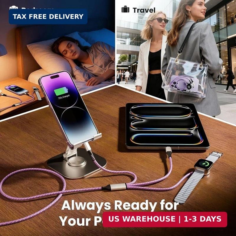 Travel Essentials, 3 in 2 USB A/C Cable to iPhone 17 Charger/iWatch Charger/IP, gallery