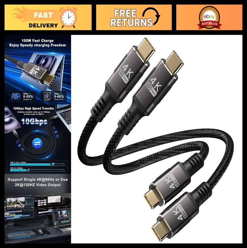 6″ USB C Cable 0.5ft 2-Pack, 10Gbps Data Transfer, 4K Video Output, Fast Chargin