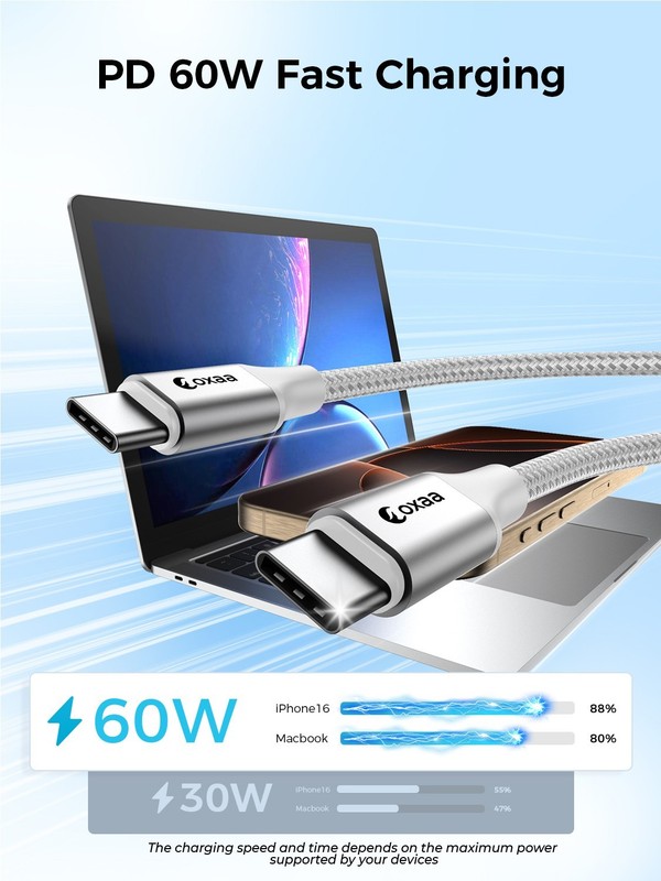 OXAA 2M USB C to USB C Charging Cable 60W – 3 Pack OXCB1281 Silver | New