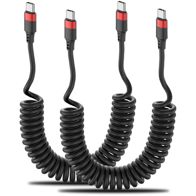 Coiled USB C to USB C Cable, 2 Pack 3FT USB C Charger Cord for Car, USBC to USBC