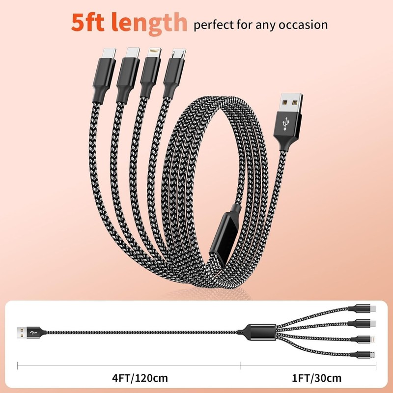 Durable 5FT Nylon Braided Multi Charging Cable - 4 Ports for All Smartphones gallery