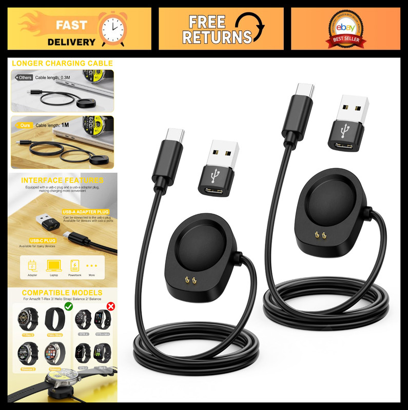 USB Type C Charger for Smartwatches – 3.3FT Replacement Cable & Adapter (2 Pack)