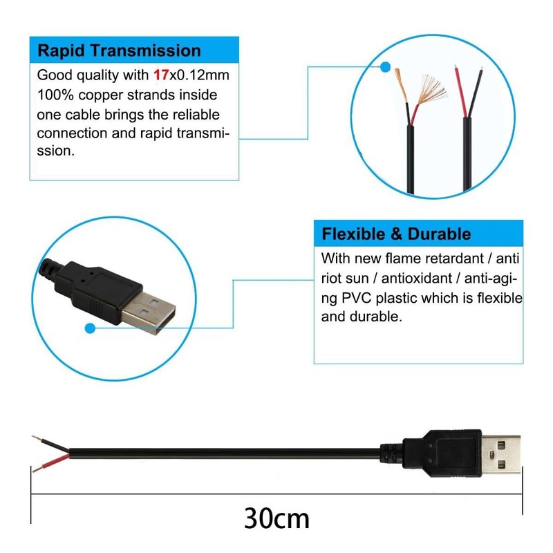 2Pcs 1Ft 18AWG USB 2.0 Male 2Pin Pigtail Cable 6A 5V USB A 2 Core Bare Wire O... gallery