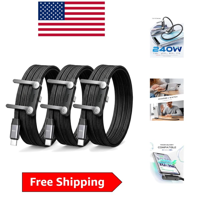 Durable 5FT USB C Fast Charging Cable – 240W Power Delivery with Stand, Black