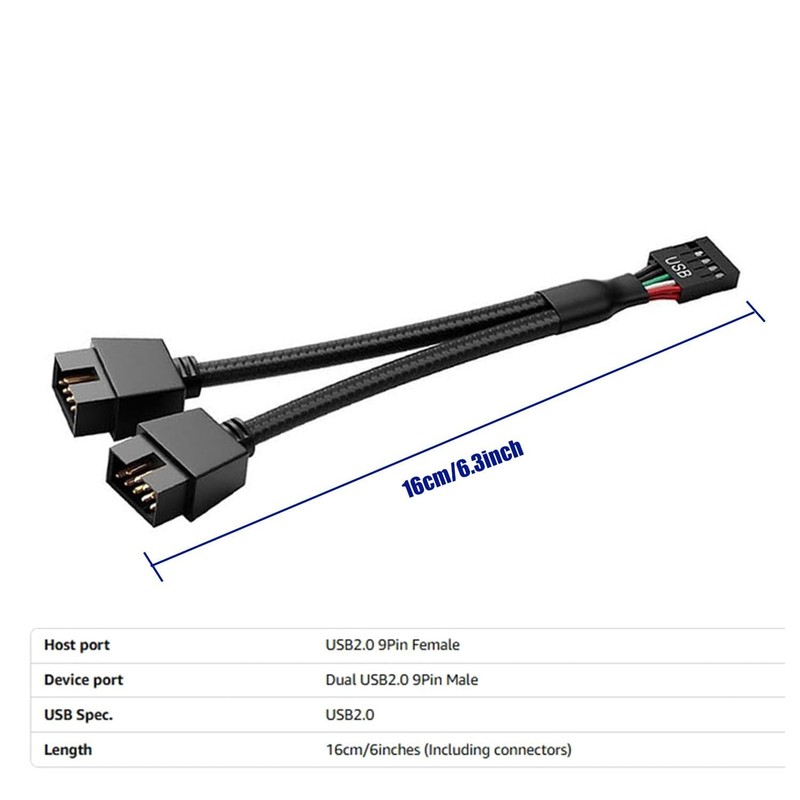 2PCS Motherboard USB Header Splitter 9Pin USB 2.0 to Dual 9Pin Extension Cable M gallery