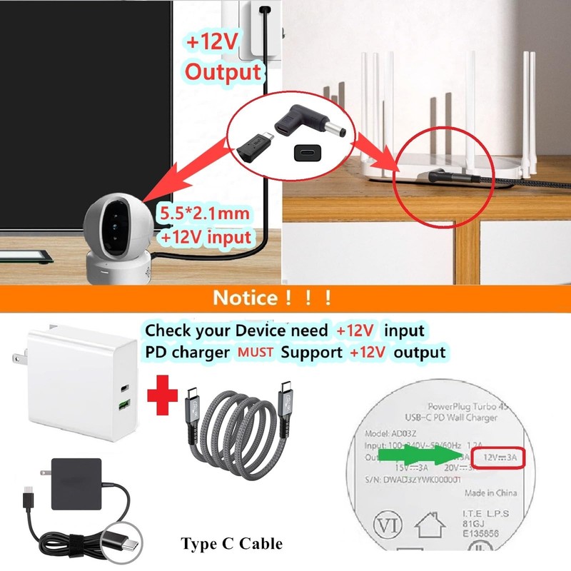 USB C to DC Converter 12V 3A 5.5mm x 2.1mm Adapter - Power for Devices gallery