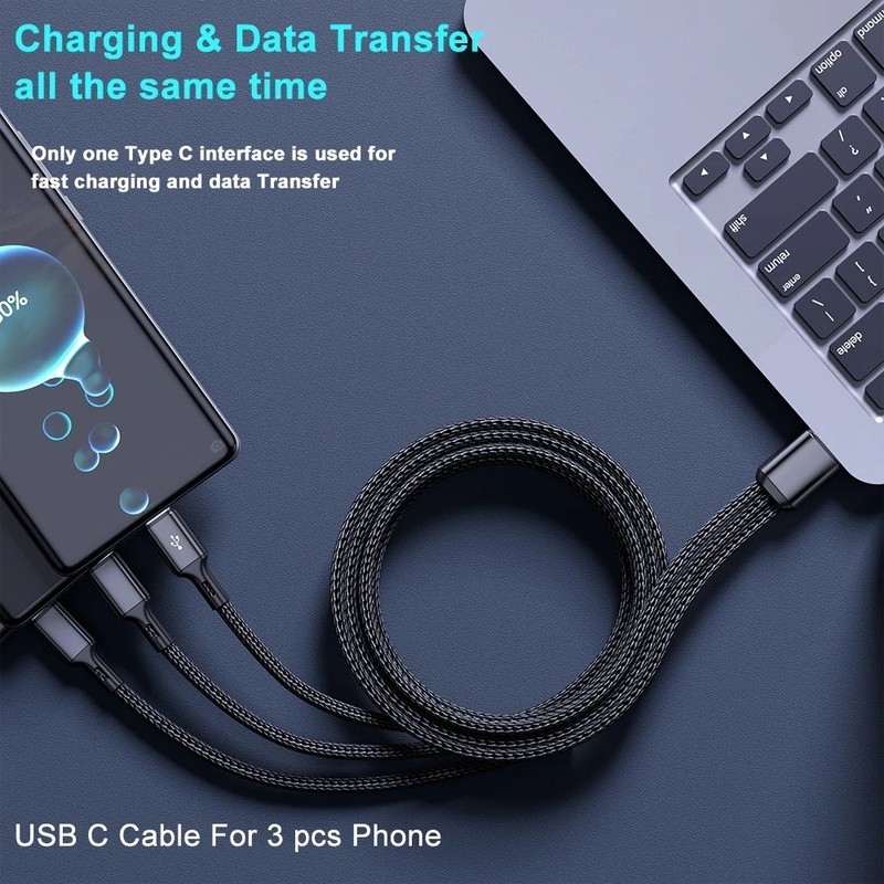3 in 1 USB to USB C Fast Charging Cable 100W Braided Data Cord for Samsung gallery