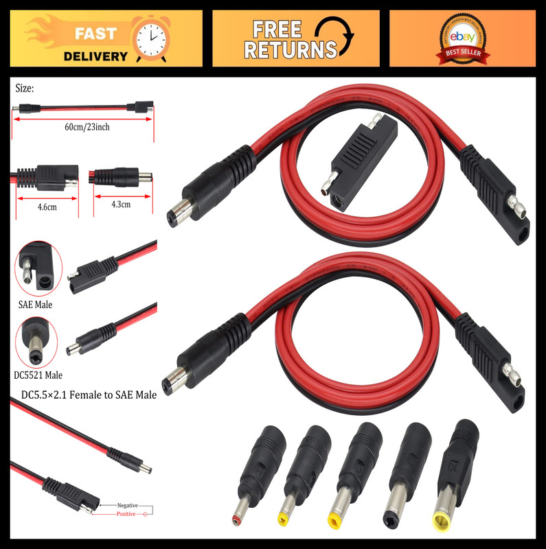 2-Pack SAE to DC Adapter Cable, 5.5mm Male Connector, Polarity Reverse, Solar Ba