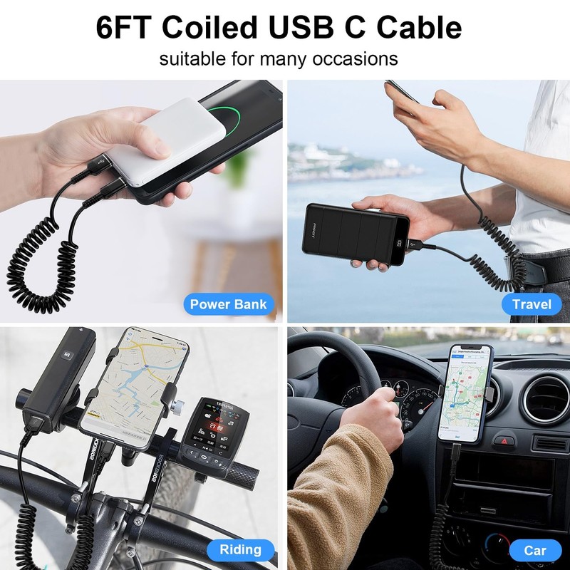 USB to C Coiled Cable Fast Charging 6FT, 6 feet (retractable), Black gallery