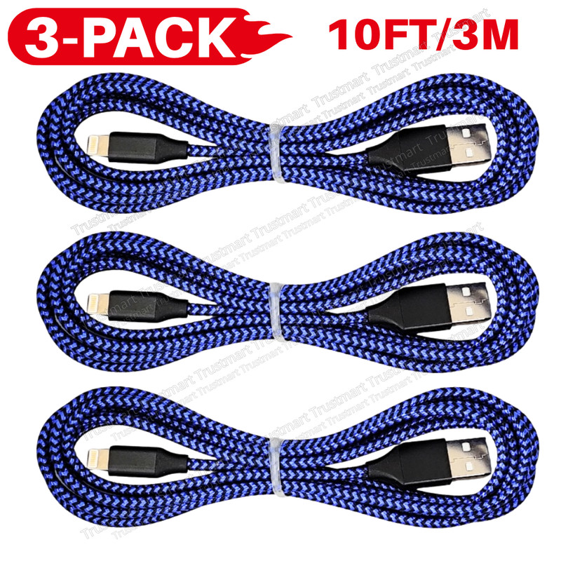 3Pack 10FT Braided USB Fast Charger Cable For Apple iPhone 11 XR 8 Charging Cord