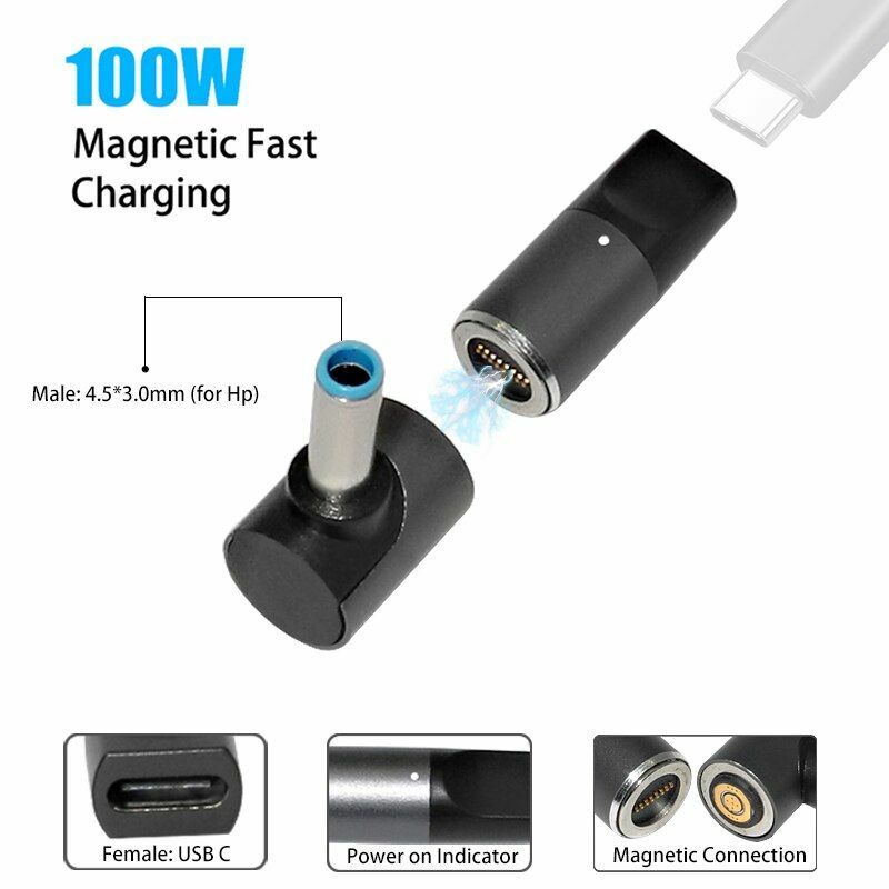 100W Magnetic Plug Connector Type C USB C to 4.5x3.0mm Dc Power Jack Laptop Char