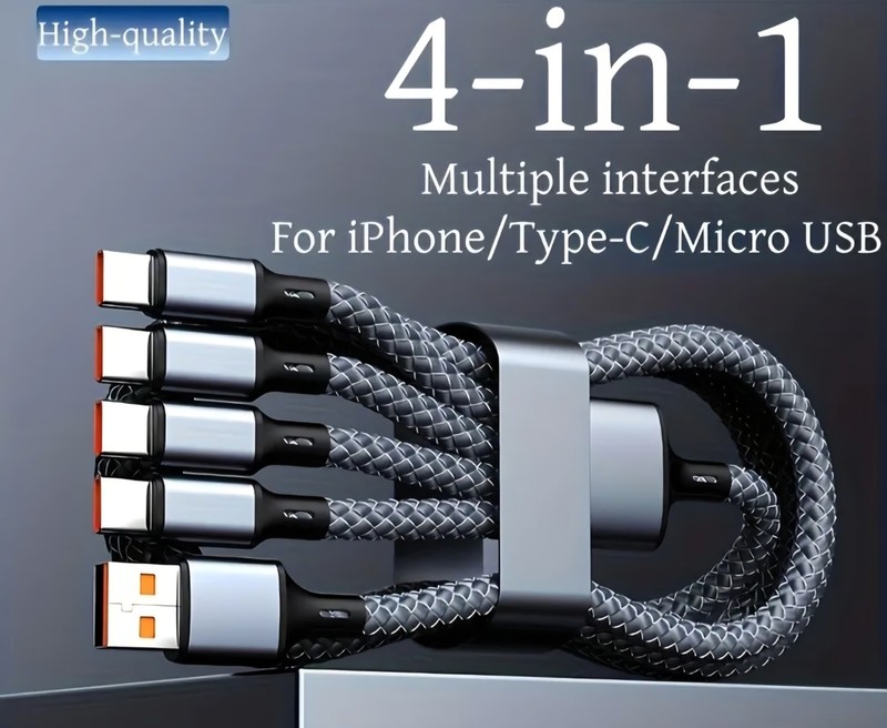 4-in-1 Braided Charging Cable Gray/Black USB-C & Micro-USB for iPhone
