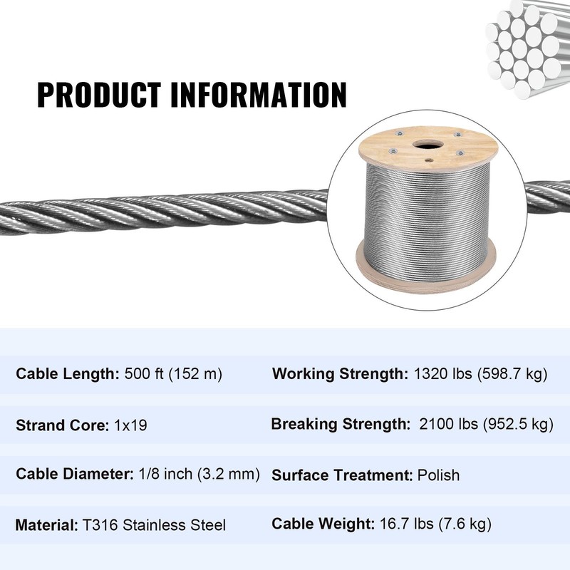 316 Stainless Steel Cable 1/ 8" 1x19 Steel Cable Wire Rope 150M/ 500FT Cable gallery