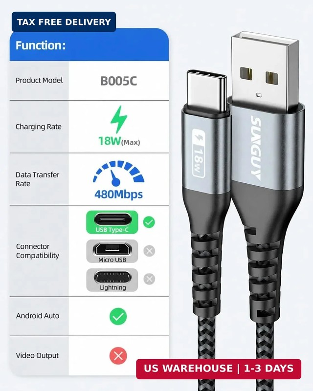 SUNGUY USB C Cable 1FT [3Pack], 3A USB A to USB C Fast Charging Cable Data Trans gallery