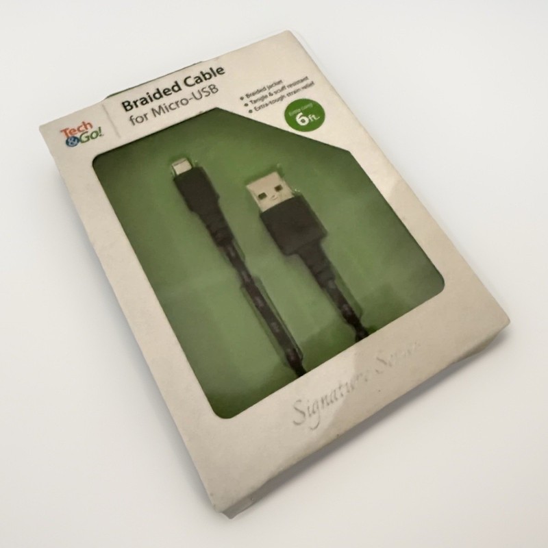 Tech & Go Braided Micro-USB Cable 6 Ft Purple Stripe Durable Fast Charging, New