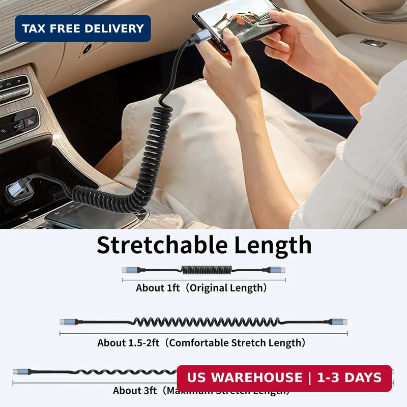 Coiled USB C to USB C Cable, 2Pack Retractable USBC Charger Short Cord for Car, gallery
