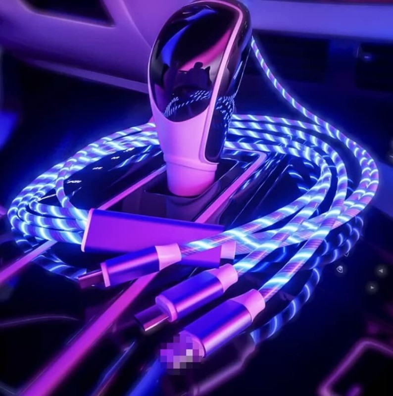 Magnetic 3in1 LED Glowing Flowing Phone Cable Charger Type C IOS Micro USB- BLUE